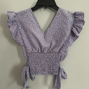 Shein Lavender Polka Dot Flutter Sleeve Top Size XS